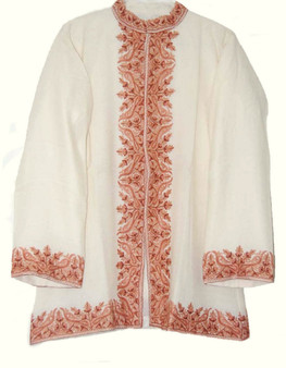 Crewel Hand Embroidered Woolen Jacket White, Rust #BD-003