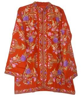 Crewel Hand Embroidered Woolen Jacket Rust, Multicolor #AO-014