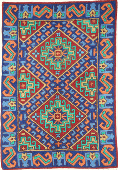 Crewel Embroidered Chainstitch Tapestry Rug "Kelim", Multicolor 2x3 ft #CWR6112