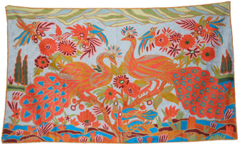 Kashmir Wool Tapestry Area Rug "Peacock", Multicolor Embroidered 3x5 feet #CWR15117