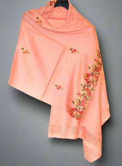 Crewel "Aari" Embroidery Woolen Shawl Wrap Throw Peach, Multicolor #WS-106