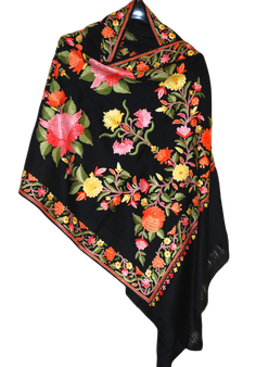 Kashmiri "Aari" Embroidery Wool Shawl Wrap Throw Black, Multicolor #WS-153