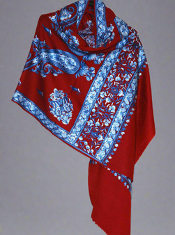Crewel Hand Embroidery Woolen Shawl Wrap Throw Burgundy, Blue Emb #WS-121