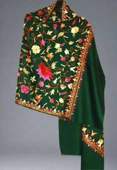 Crewel "Aari" Embroidery Woolen Shawl Wrap Throw Green, Multicolor #WS-122