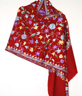 Kashmiri "Aari" Embroidery Wool Shawl Wrap Throw Burgundy, Multicolor #WS-148