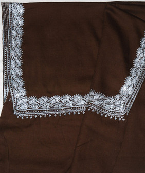 Kashmir Ethnic Sozni "Tilla" Embroidery Wool Shawl Brown, Silver Emb #WS-927