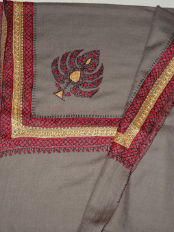 Ethnic Kashmiri "Tilla" Sozni Embroidery Woolen Shawl Beige, Gold Emb #WS-935