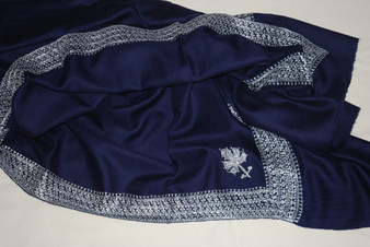 Kashmiri Hand Embroidered "Tilla" Sozni Woolen Shawl Navy, Silver Emb #WS-904