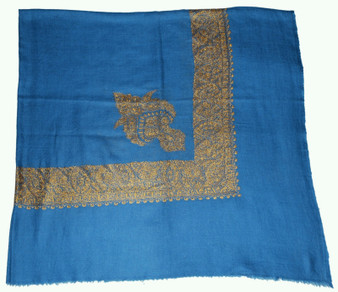 Cashmere Pashmina "Sozni" Embroidered Arab Scarf Shemagh Shawl, Gold on Teal #PRM-402