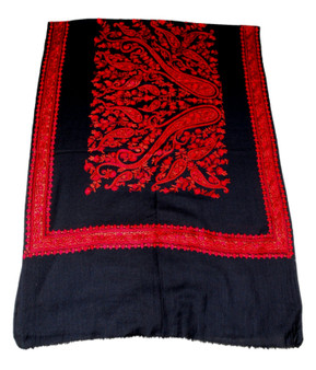 Crewel "Aari" Embroidery Woolen Shawl Wrap Throw Black, Red Emb #WS-145