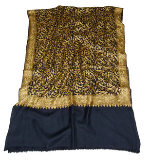 Kashmiri "Aari" Embroidered Woolen Shawl Wrap Throw Black, Olive Emb #WS-142