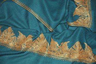 Kashmiri Hand "Tilla" Sozni Embroidered Wool Shawl Sea Green, Gold Emb #WS-902