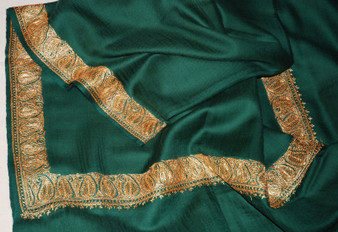 Kashmiri Ethnic Sozni "Tilla" Embroidery Wool Shawl Green, Gold Emb #WS-901