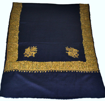 Crewel Hand Embroidered Wool Shawl Wrap Throw Navy, Multicolor #WS-403