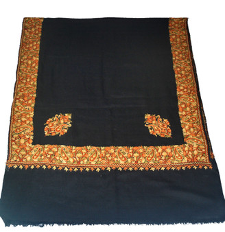 Kashmiri Ethnic Embroidered Wool Shawl Wrap Throw Black, Multicolor #WS-402