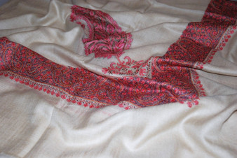 Kashmiri Ethnic "Sozni" Embroidered Pashmina Arab Scarf Shemagh Shawl White, Multicolor #PRM-102