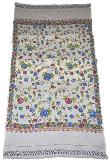 Crewel Hand Embroidered Wool Shawl Wrap Throw White, Multicolor #WS-114