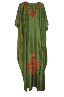 Kashmiri Crewel Embroidered Ethnic Silk Kaftan Womens Caftan Green, Multicolor #SKF-007
