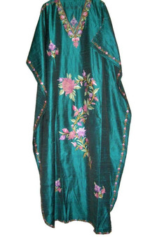 Crewel "Aari" Embroidered Silk Kaftan Womens Caftan Green, Multicolor #SKF-006