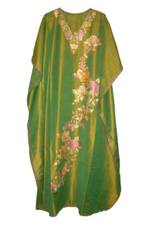 Kashmiri Ethnic Embroidered Silk Kaftan Womens Caftan Green, Multicolor #SKF-004