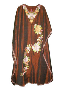 Ethnic Kashmiri Embroidered Silk Kaftan Womens Caftan Rust, Multicolor #SKF-003