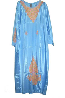 Crewel Hand Embroidered Silk Kaftan Womens Caftan Blue, Multicolor #SKF-002