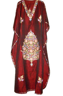 Kashmiri "Aari" Embroidered Silk Kaftan Womens Caftan Burgundy, Multicolor #SKF-001