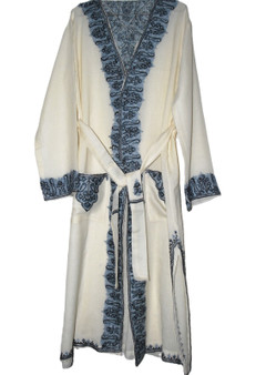 Kashmiri Crewel Embroidered Womens Dressing Gown, Grey on White  #WG-021