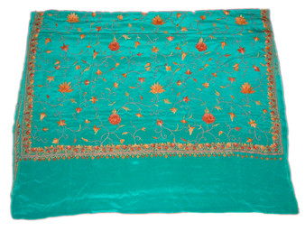 Kashmiri Silk Sari, Indian Wedding Saree Green, Multicolor Embroidery #SA-103