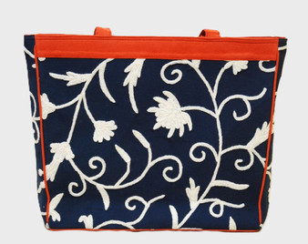 Crewel Hand Embroidery Tote Bag for Women Floral Canvas Purse, White on Navy #CBG111