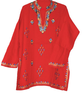 Woolen Kurta Tunic Red Kurti, Multicolor Embroidery #WK-423