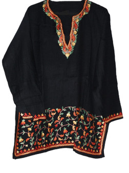 Woolen Kurta Tunic Black Kurti, Multicolor Embroidery #WK-401