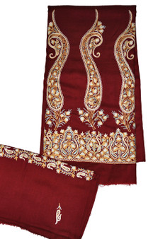 Woolen Salwar Kameez Suit Fabric and Shawl Burgundy, Multicolor Embroidery #FS-433
