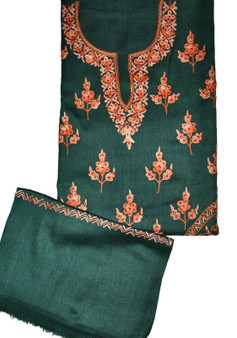 Woolen Salwar Kameez Suit Fabric and Shawl Green, Rust Embroidery #FS-472