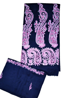 Woolen Salwar Kameez Suit Fabric and Shawl Navy, Pink and White Embroidery #FS-423