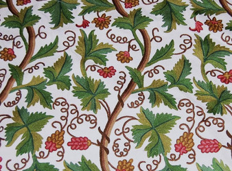 Crewel Custom Made Hand Embroidered Fabric "Grapevine" Off-White, Multicolor #3303