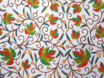 Crewel Custom Made Hand Embroidered Fabric "Maple" Off-White, Multicolor #3314