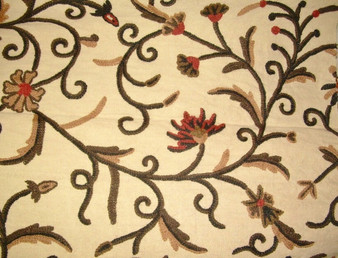 Crewel Custom Made Hand Embroidered Fabric Beige, Brown #3325