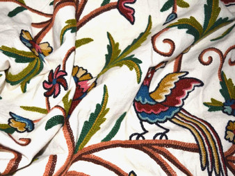 Custom Crewel Embroidered Fabric "Tree of Life Birds" Off-White, Multicolor #3337