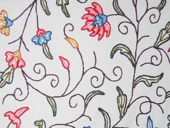 Cotton Crewel Embroidered Fabric "Jacobean" Off-White, Multicolor #SNL001