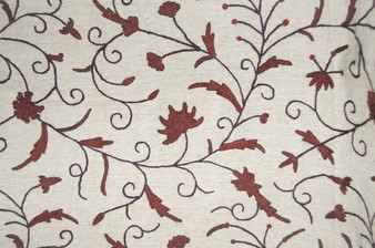 Crewel Embroidered Jute Fabric "Jacobean", Brown on Beige #TML911