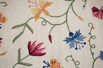 Crewel Embroidered Jute Fabric "Butterfly" Beige, Multicolor #BFL902