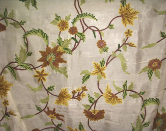 Crewel Embroidered Silk Organza Fabric Off-White, Multicolor #SL502