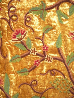 Crewel Embroidered Velvet Fabric Floral Gold, Muticolor #CV002
