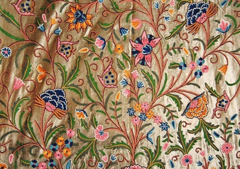 Crewel Embroidered Velvet Fabric "Tree of Life" Olive, Multicolor #CV202