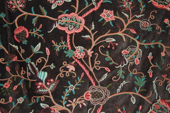 Crewel Embroidered Velvet Fabric "Watlab" Brown, Multicolor #CV302