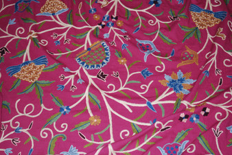 Custom Crewel Embroidered Fabric Magenta, Multicolor #3320