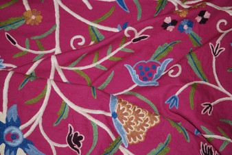 Made to Order Custom Crewel Embroidered Fabric Magenta, Multicolor #3320