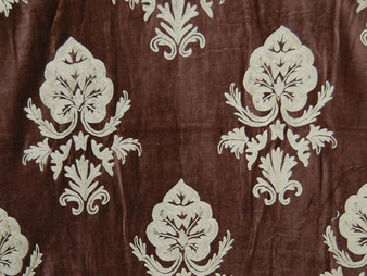 Crewel Embroidered Custom Made Fabric, White on Brown #3331