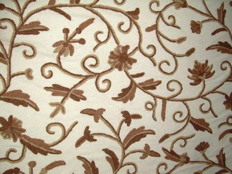 Crewel Embroidered Custom Made Fabric, Brown on White #3344